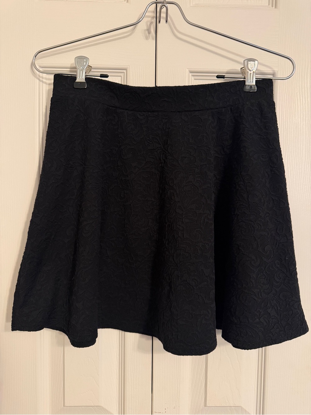 Textured Fabric Black Floral Jacquard Skater Skirt Flared Mini silhouette flare